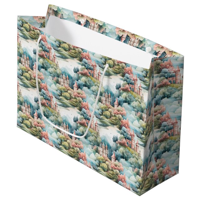 Grand Sac Cadeau Fairytale in Fairyland Châteaux Pastel Pink Blue (Devant Angle)