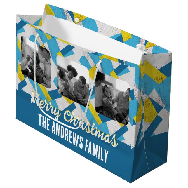 Grand Sac Cadeau Famille de Noël Photo Géométrique jaune (Devant Angle)
