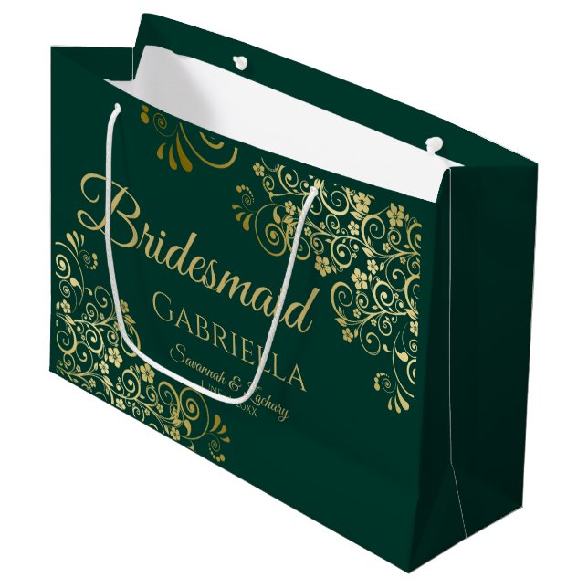 Grand Sac Cadeau Fancy Emerald Green & Gold Elegant Bridesmaid (Devant Angle)