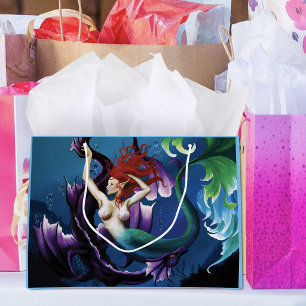 Grand Sac Cadeau Fantaisie bleue mystique sirène dragon d'eau viole