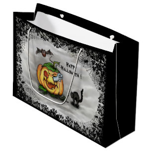 Grand Sac Cadeau Fantôme, Chat, Chat et Citrouille, Bonne Halloween