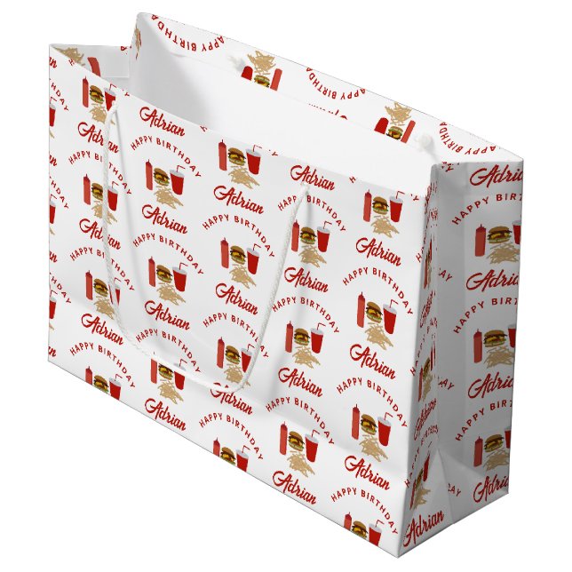Grand Sac Cadeau Fast Food Burger Fries Motif Anniversaire Nom (Devant Angle)