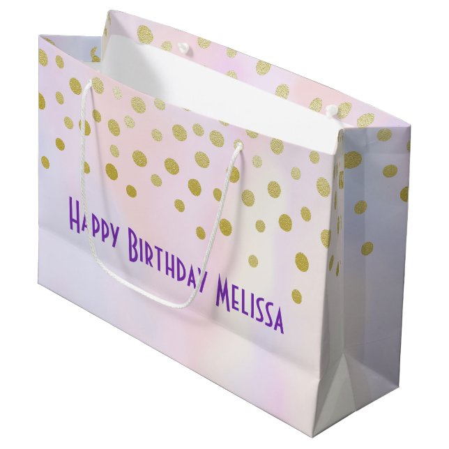 Grand Sac Cadeau Faux Gold Confetti sur Purple Aquarelle (Devant Angle)