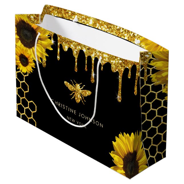 Grand Sac Cadeau faux pailleté abeille et tournesols (Dos Angle)
