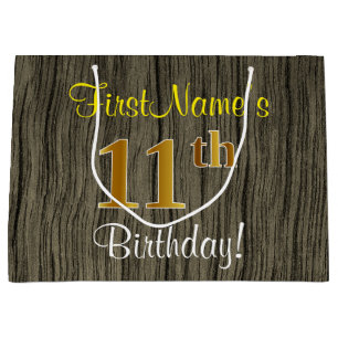 Grand Sac Cadeau Faux Wood Look, Faux Gold 11e anniversaire + Nom