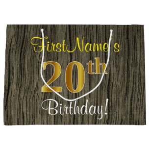 Grand Sac Cadeau Faux Wood Look, Faux Gold 20e Anniversaire + Nom