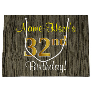 Grand Sac Cadeau Faux Wood Look, Faux Gold 32e anniversaire + Nom