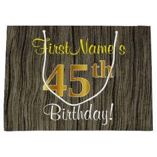 Grand Sac Cadeau Faux Wood Look, Faux Gold 45e anniversaire + Nom