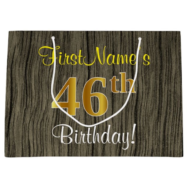 Grand Sac Cadeau Faux Wood Look, Faux Gold 46e anniversaire + Nom (Devant)