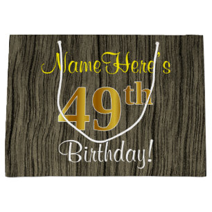 Grand Sac Cadeau Faux Wood Look, Faux Gold 49e Anniversaire + Nom