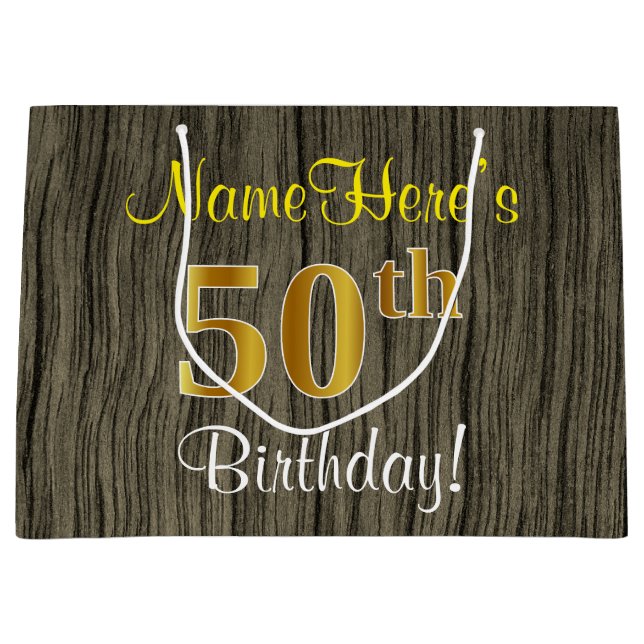 Grand Sac Cadeau Faux Wood Look, Faux Gold 50e Anniversaire + Nom (Devant)