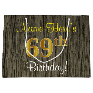 Grand Sac Cadeau Faux Wood Look, Faux Gold 69e anniversaire + Nom