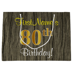 Grand Sac Cadeau Faux Wood Look, Faux Gold 80e anniversaire + Nom