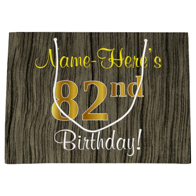 Grand Sac Cadeau Faux Wood Look, Faux Gold 82e anniversaire + nom (Devant)
