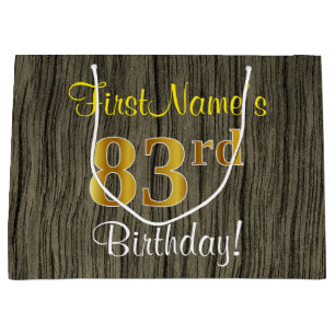 Grand Sac Cadeau Faux Wood Look, Faux Gold 83ème anniversaire + Nom