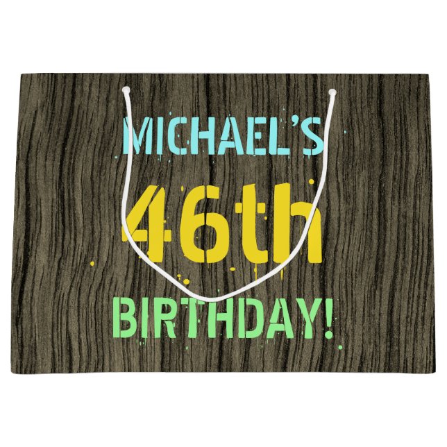 Grand Sac Cadeau Faux Wood, Peint Texte Look, 46e anniversaire + No (Devant)