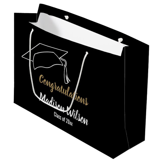 Grand Sac Cadeau Félicitations Black White et Gold Graduation (Devant Angle)