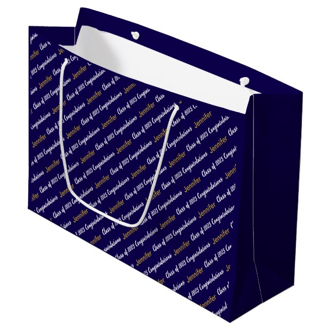 Grand Sac Cadeau Félicitations Dark Blue White Gold Classe de 2025 (Devant Angle)