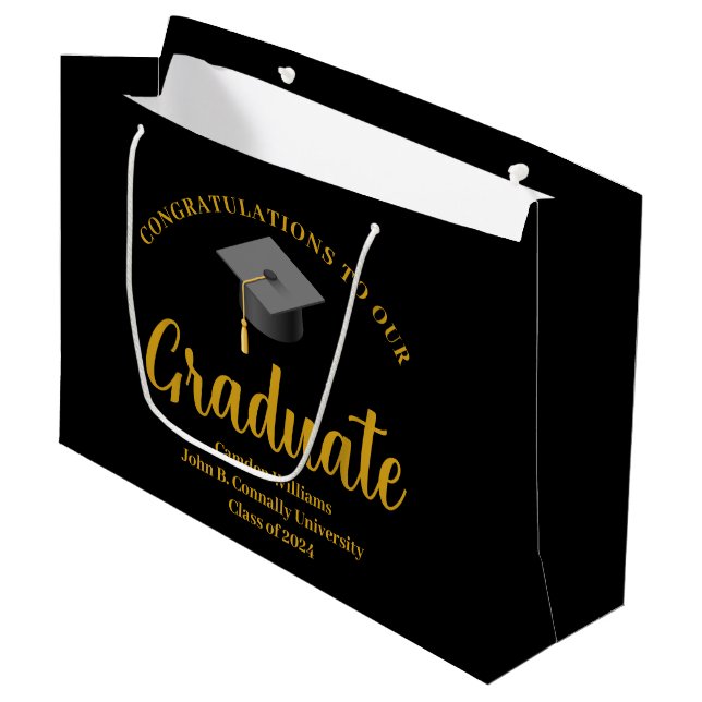 Grand Sac Cadeau Félicitations Diplômé Gold Black Chic Custom (Devant Angle)