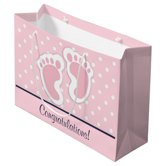Grand Sac Cadeau Félicitations Fille Bébé Rose Cute Empreintes (Devant Angle)