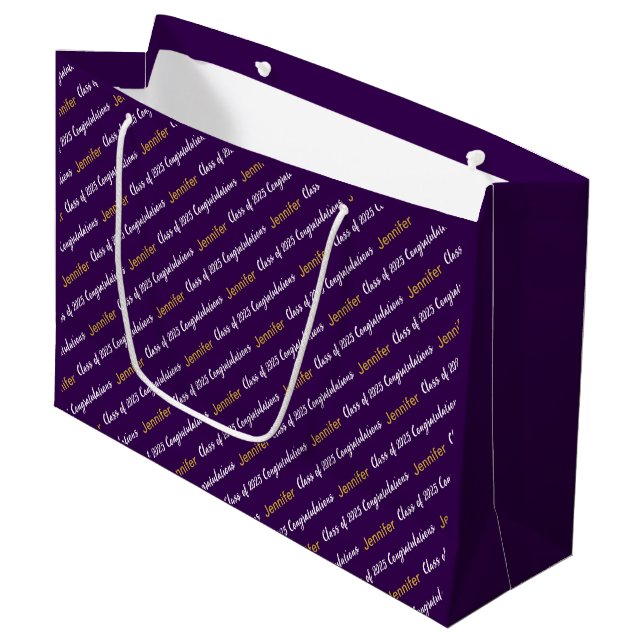 Grand Sac Cadeau Félicitations Purple White Gold Classe de 2025 (Devant Angle)