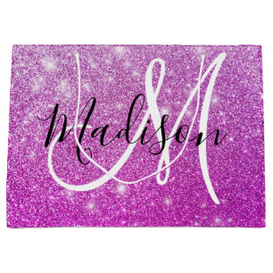 Grand Sac Cadeau Féminin & Glamour Monogramme Nom Paillettes Violet