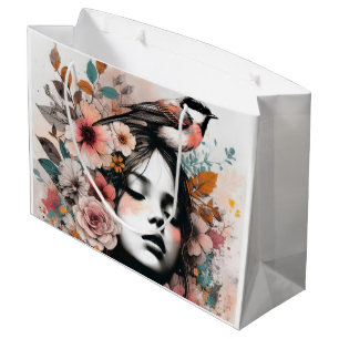 Grand Sac Cadeau Femme florale romantique avec détails d'oiseau dél