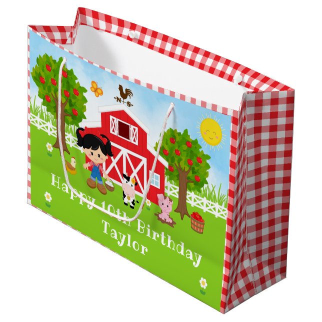 Grand Sac Cadeau Ferme Red Grange Black Hair Girl Joyeux anniversai (Devant Angle)