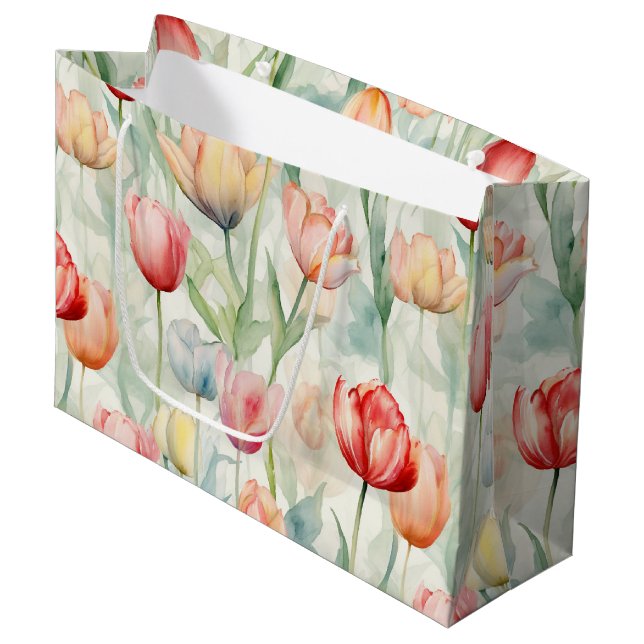 Grand Sac Cadeau Ferme Rouge Fleurs de tulipe jaune Anniversaire (Devant Angle)