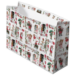 Grand Sac Cadeau Festif Enfants victoriens avec voeux de Noël