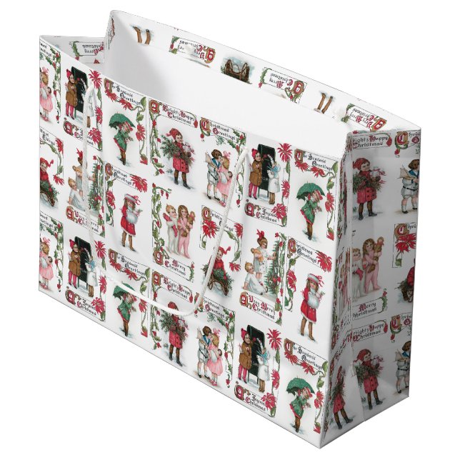 Grand Sac Cadeau Festif Enfants victoriens avec voeux de Noël (Devant Angle)