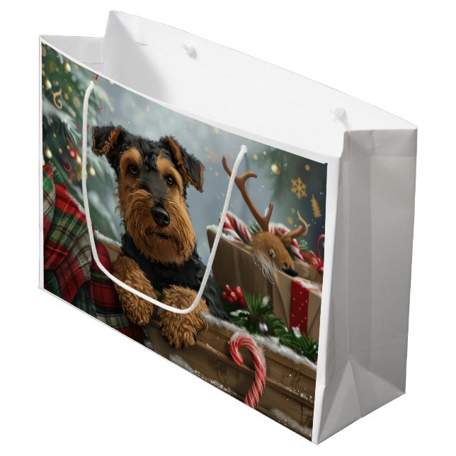 Grand Sac Cadeau Festive de Noël de Chien Airedale (Devant Angle)