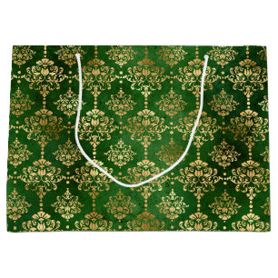Grand Sac Cadeau Festive Green & Gold Foil hiver Noël Damas