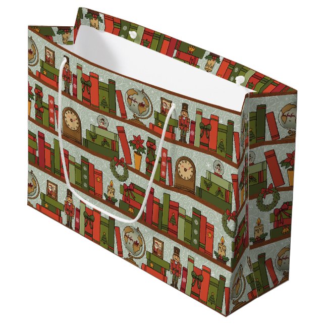 Grand Sac Cadeau Festive Hand Drawn Bookshelf - Large Gift Bag (Devant Angle)