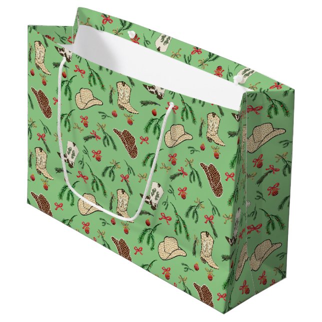 Grand Sac Cadeau Festive Holiday Cowboy Rodeo Motif Sage (Devant Angle)