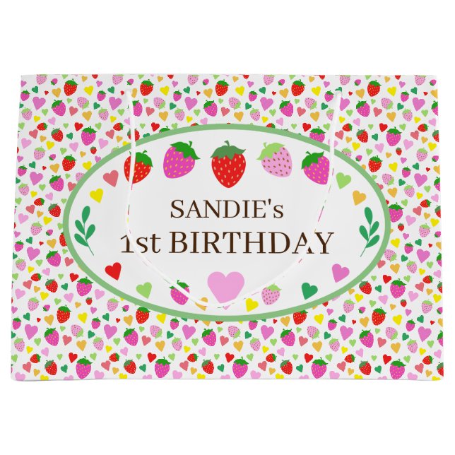 Grand Sac Cadeau Fête d'anniversaire de fraises (Devant)