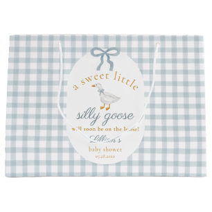 Grand Sac Cadeau Fête de bébé Cottagecore au vichy bleu de l'oie ri