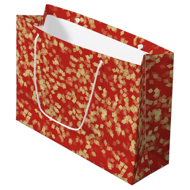 Grand Sac Cadeau Fête de mariage à confettis rouge et or (Devant Angle)