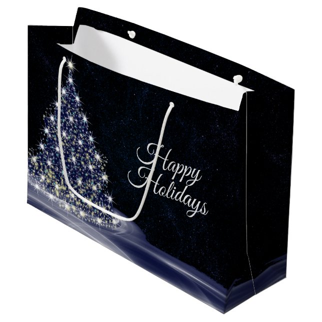 Grand Sac Cadeau Fête de Noël Blue Shiny Tree Winter Navy Russe (Devant Angle)