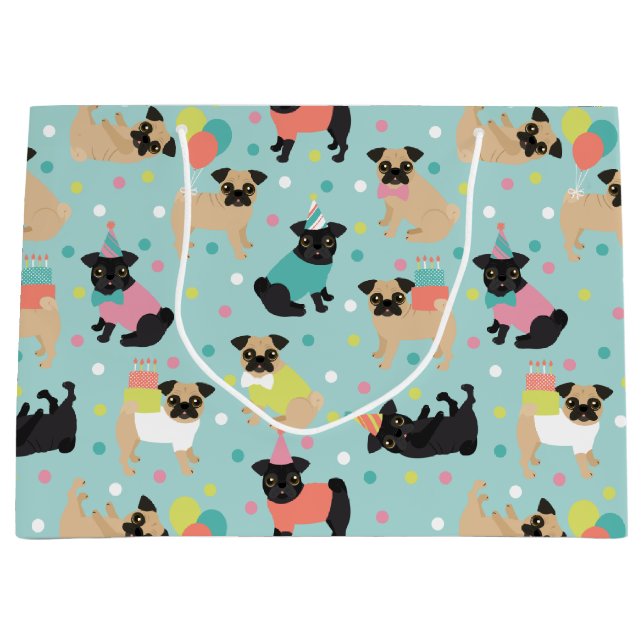 Grand Sac Cadeau Fête de Pug Birthday (Devant)