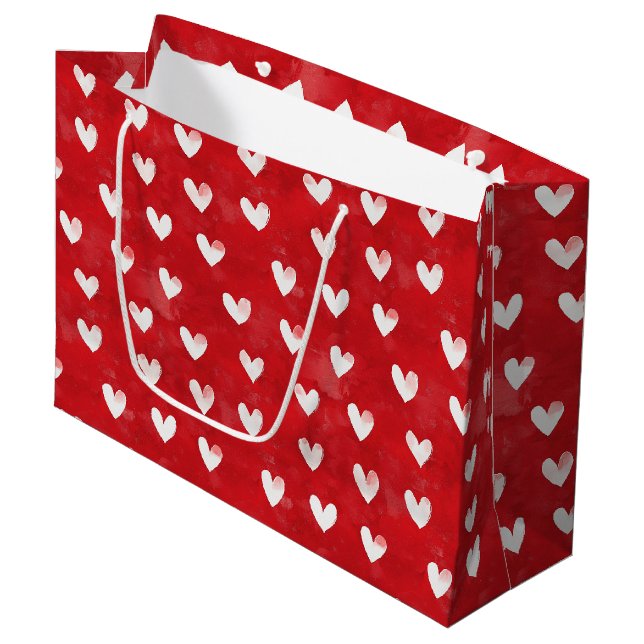 Grand Sac Cadeau Fête des mariées Romantique Red White Hearts (Devant Angle)