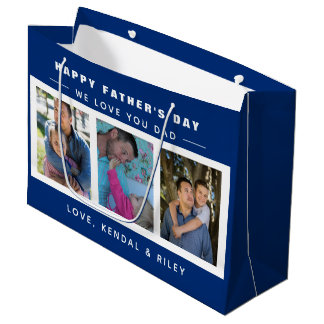 Grand Sac Cadeau Fête des pères Photo Collage bleu personnalisé