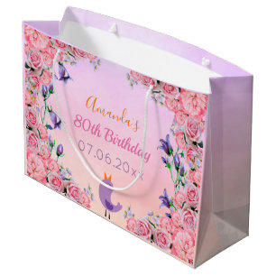 Grand Sac Cadeau fête du 80e anniversaire violet rose ornithologie