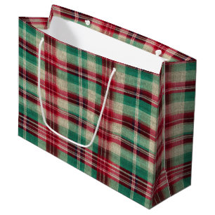 Grand Sac Cadeau Fêtes Crème Rouge Vert Trappe Plaid