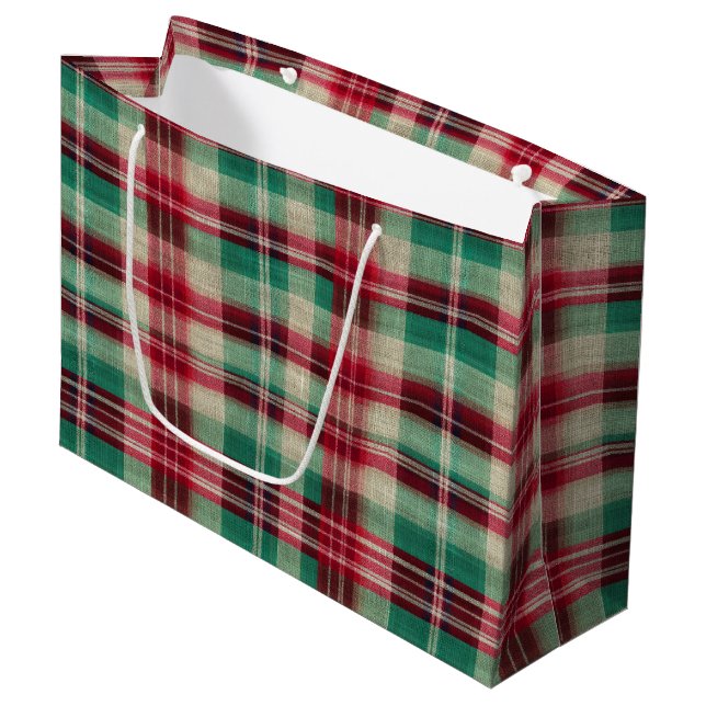 Grand Sac Cadeau Fêtes Crème Rouge Vert Trappe Plaid (Devant Angle)