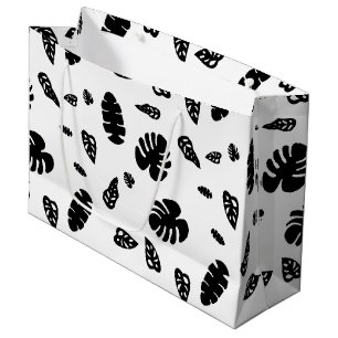 Grand Sac Cadeau Feuille d'été noir et blanc Tropical Motif