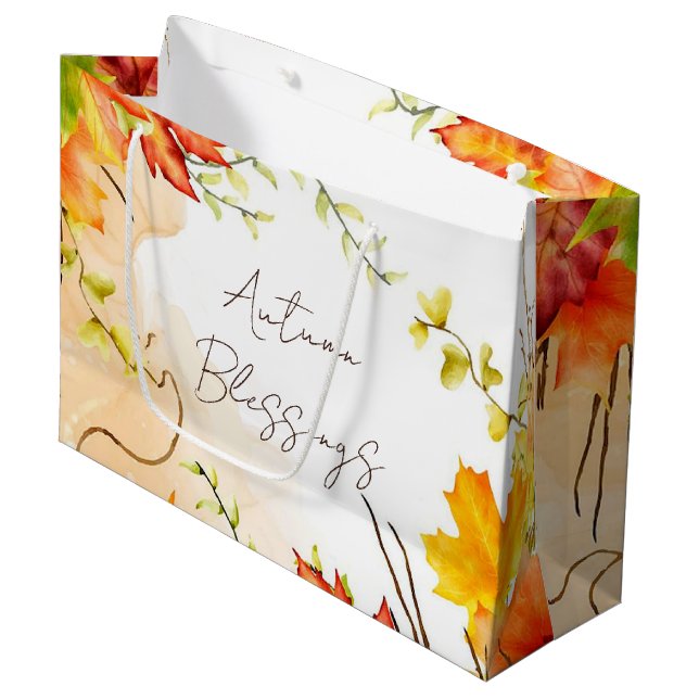 Grand Sac Cadeau Feuilles d'érable d'automne avec texte personnalis (Devant Angle)