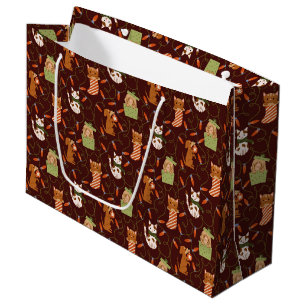 Grand Sac Cadeau Feux de Noël Animaux Motif Rouge