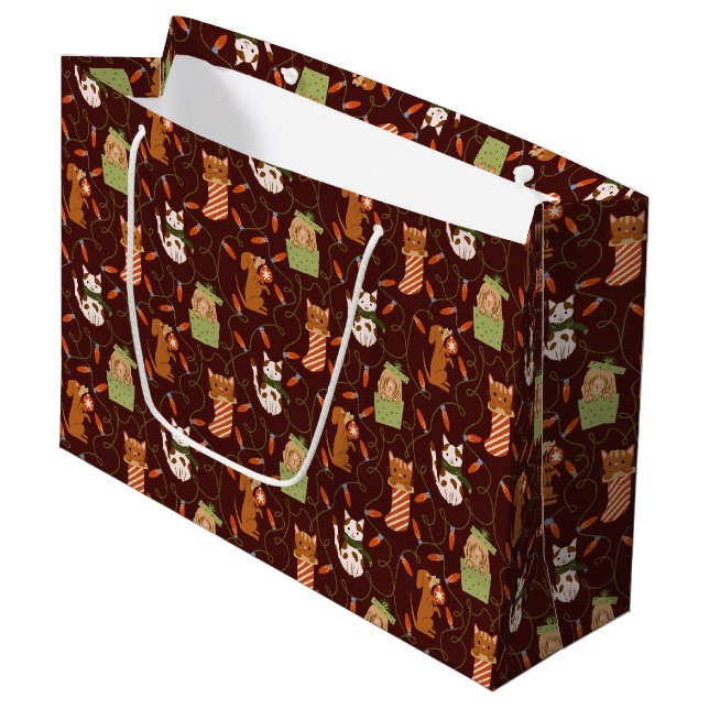 Grand Sac Cadeau Feux de Noël Animaux Motif Rouge (Devant Angle)