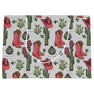 Grand Sac Cadeau Fille Country Cowgirl Noël rose et vert